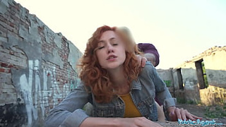 Public Agent Sweet red-head waitress licks dick and gets drilled doggystyle outside in public
