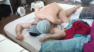Home-made lovers crazy sex in the bedroom. Sexy foreplay with a lovers, oil massage on the body.