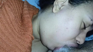 blowing hard with her plump lips, the girl mounts the hard rod until it gets all wet