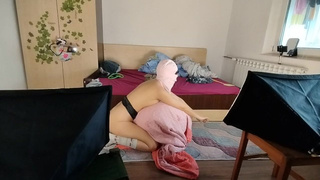 Amateurs MILF does yoga naked, hairy cunt, giant behind, big titties.