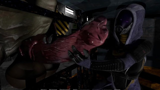 The charming slut couldn't resist and jerked off the mutant's humongous dick with her feet