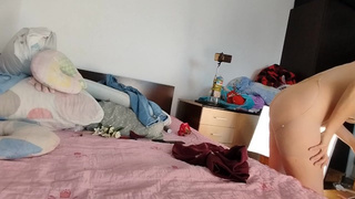 Charming ex-wife has fun trying on clothes and cutting them. Brunette dances naked around the house.