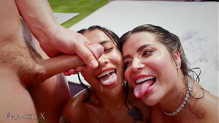 Outdoor Gang-bang 9 Men Fuck two Chicks in Lingerie with Anal and DP