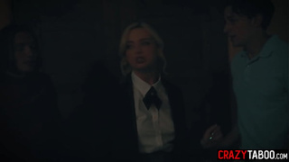 Nerdy teeny Lexi Lore summoned a demonic spirit and got hammered by 2 kinky classmates