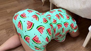 stepmom bent under the table and received a cock in the butt from her stepson and gave him a bj