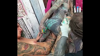 Nasty Tattoo Shop Session - Reverse Cowgirl Dildo Anal While Getting Inked