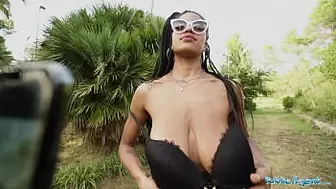 Public Agent Dark Tina Fire and enormous swinging and bouncing tits hammered outdoors
