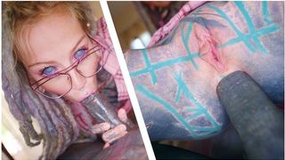 Nerdy TATTOO teeny in glasses SELF PERSPECTIVE rough ANAL fuck - gape, deepthroat, cumshot sperm shot